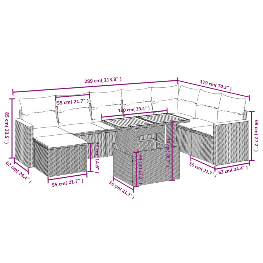 9-delige Loungeset met kussens poly rattan beige