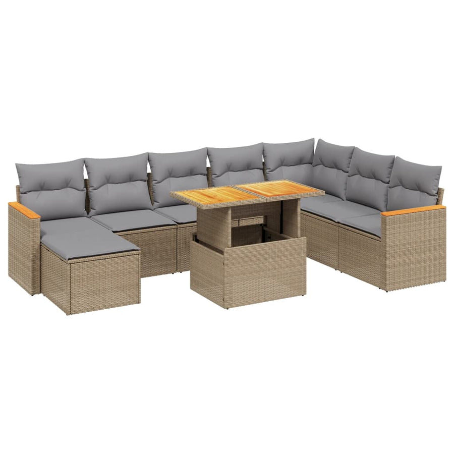 9-delige Loungeset met kussens poly rattan beige