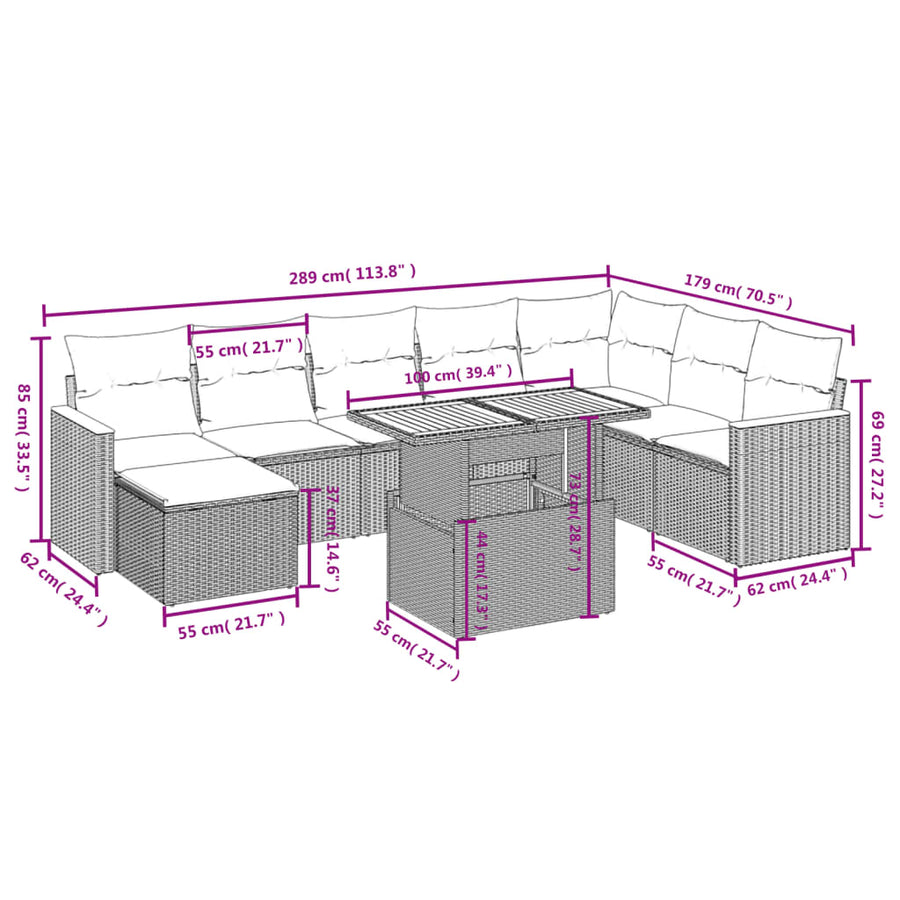 9-delige Loungeset met kussens poly rattan beige