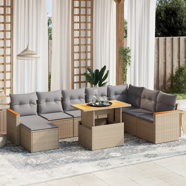 9-delige Loungeset met kussens poly rattan beige