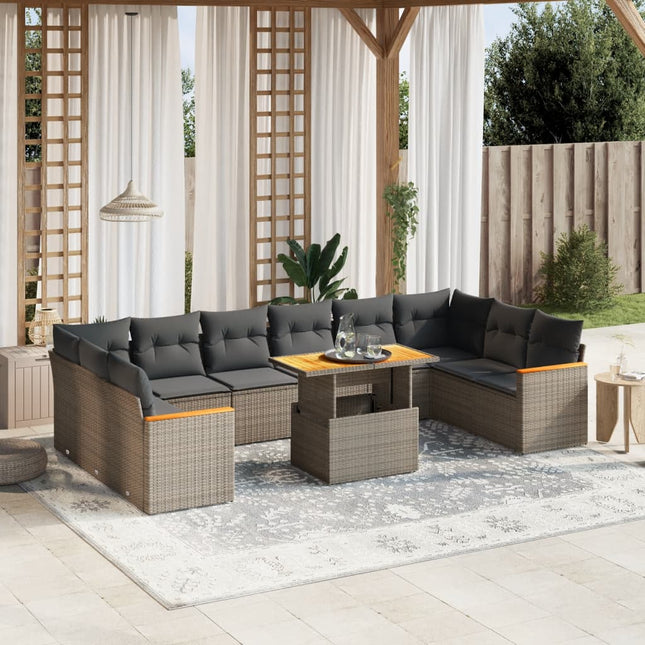 11-delige Loungeset met kussens poly rattan grijs