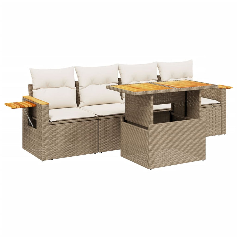 5-delige Loungeset met kussens poly rattan beige