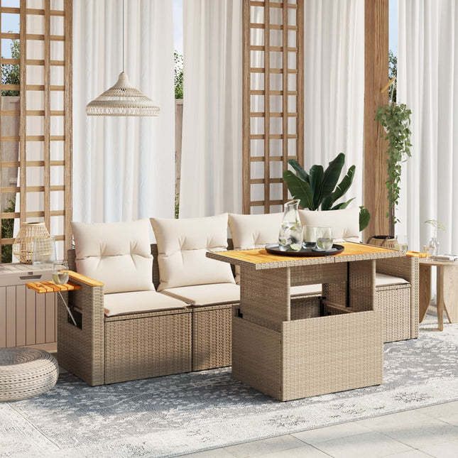 5-delige Loungeset met kussens poly rattan beige