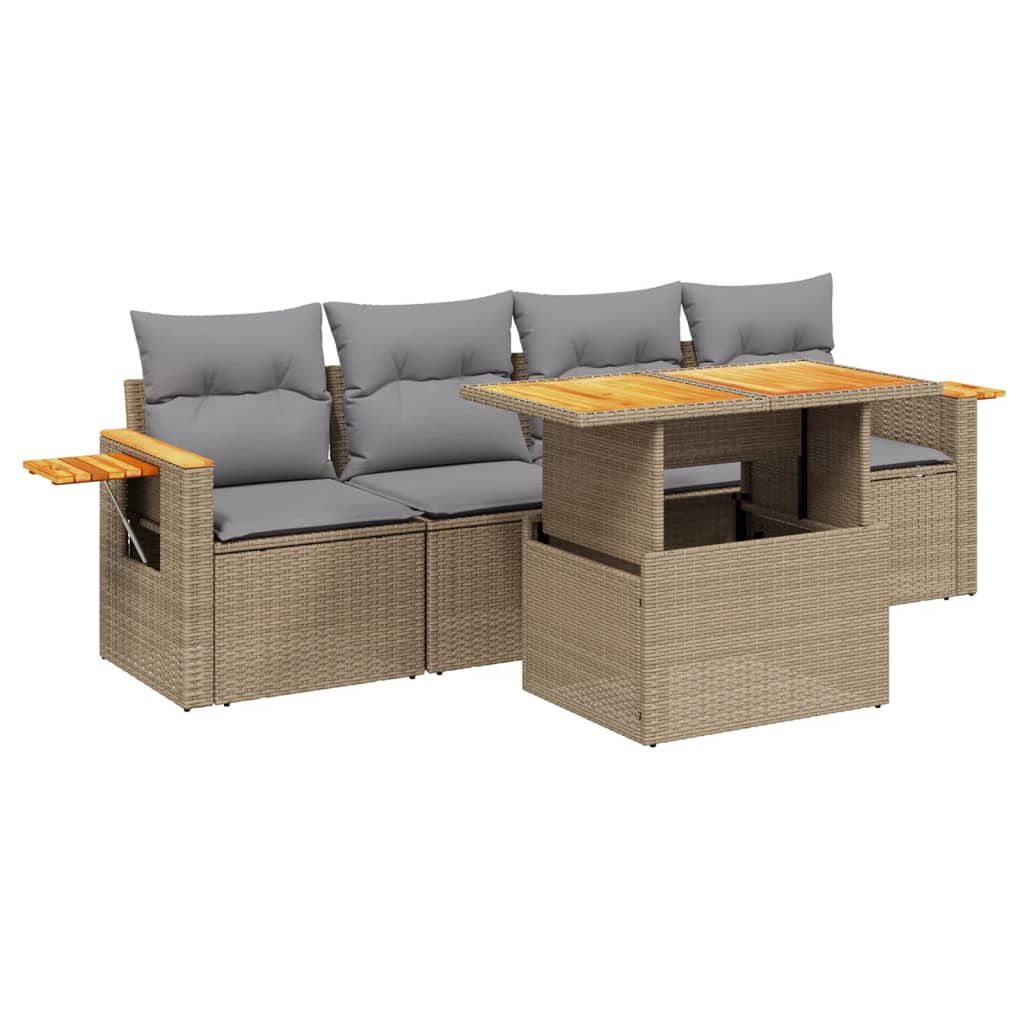5-delige Loungeset met kussens poly rattan beige