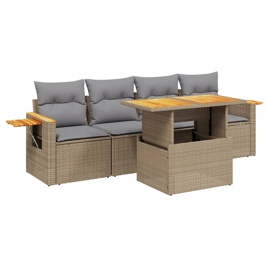 5-delige Loungeset met kussens poly rattan beige