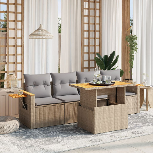 5-delige Loungeset met kussens poly rattan beige