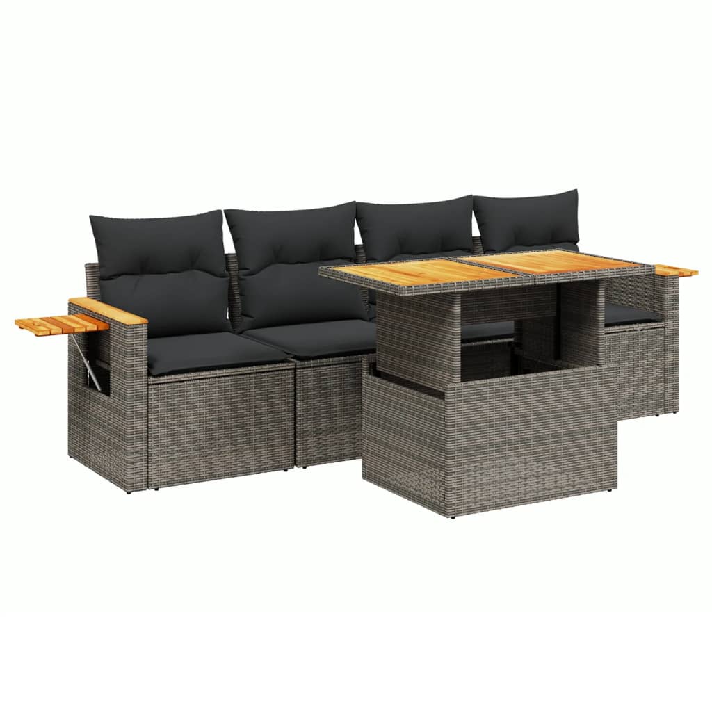 5-delige Loungeset met kussens poly rattan grijs