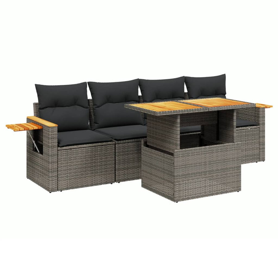 5-delige Loungeset met kussens poly rattan grijs