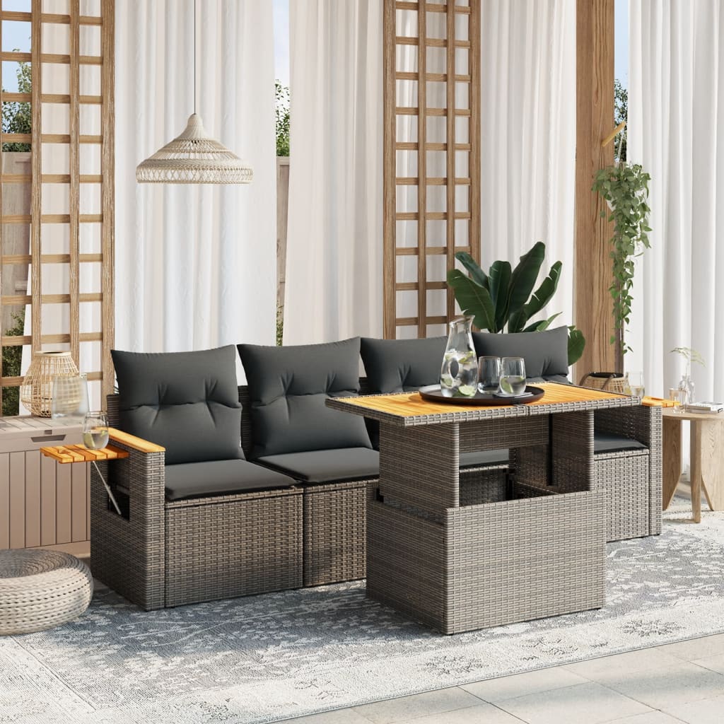 5-delige Loungeset met kussens poly rattan grijs
