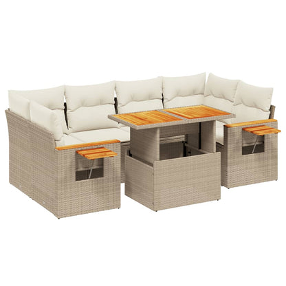 7-delige Loungeset met kussens poly rattan beige