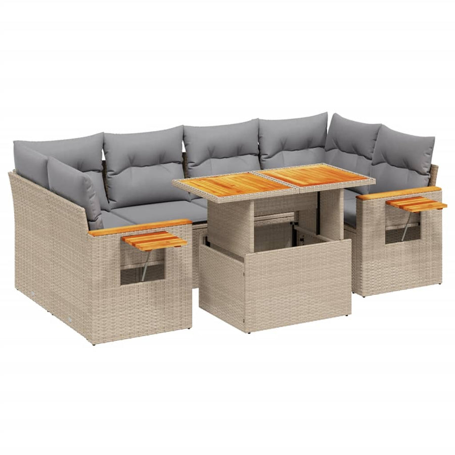 7-delige Loungeset met kussens poly rattan beige