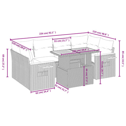 7-delige Loungeset met kussens poly rattan beige