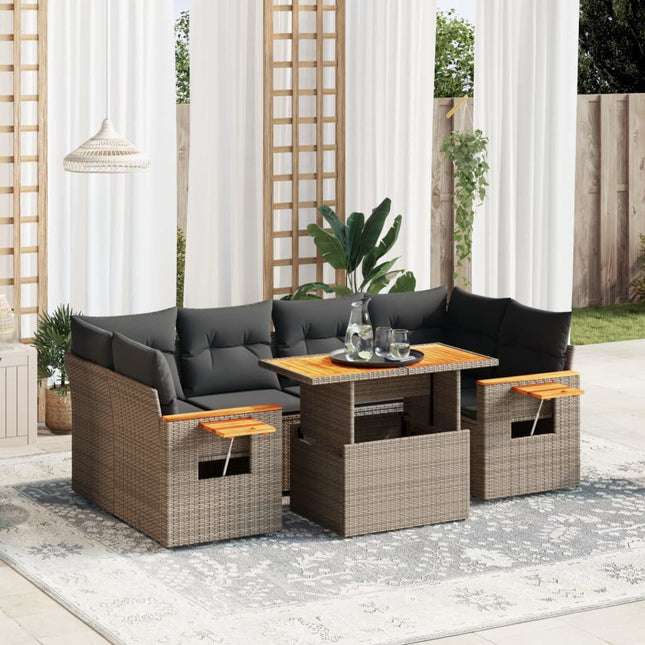 7-delige Loungeset met kussens poly rattan grijs