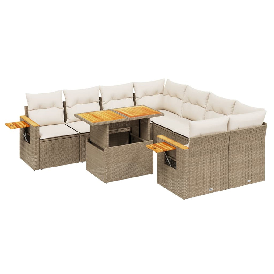 9-delige Loungeset met kussens poly rattan beige
