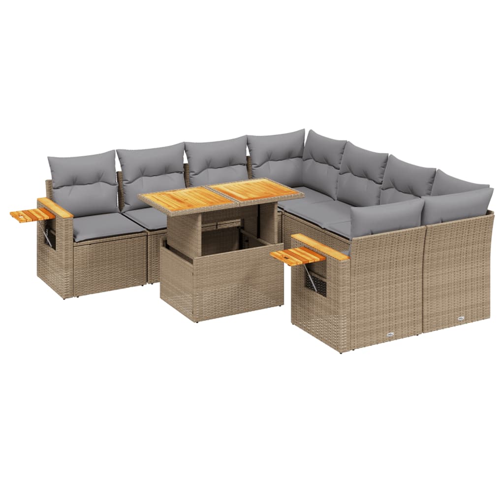9-delige Loungeset met kussens poly rattan beige