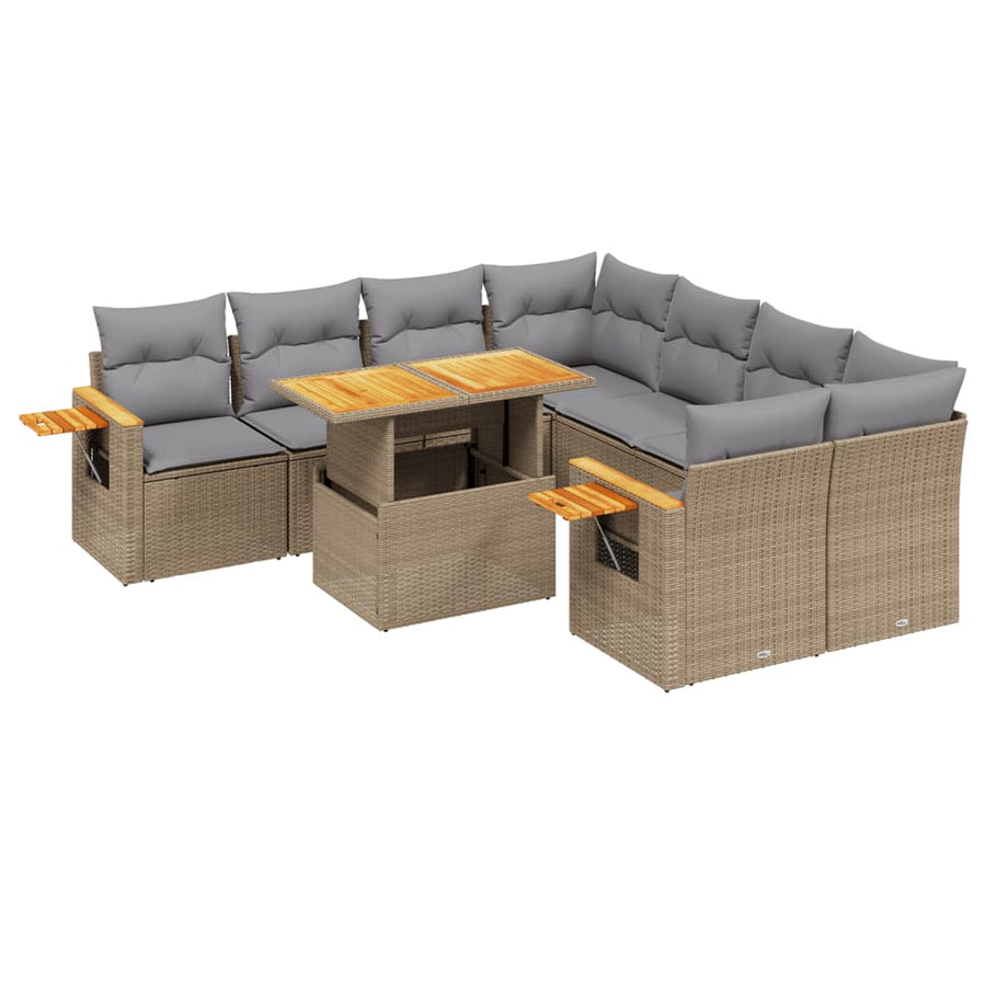 9-delige Loungeset met kussens poly rattan beige