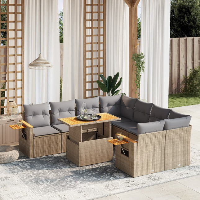 9-delige Loungeset met kussens poly rattan beige