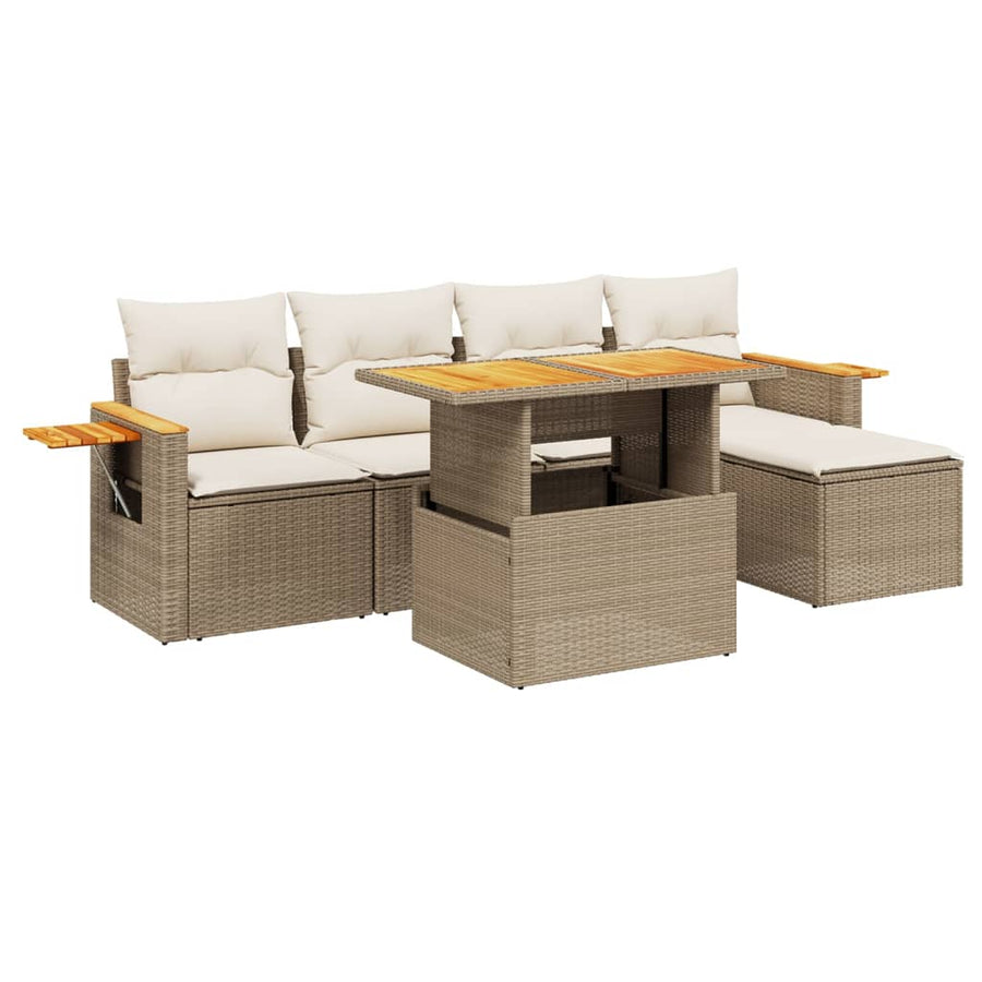 6-delige Loungeset met kussens poly rattan beige