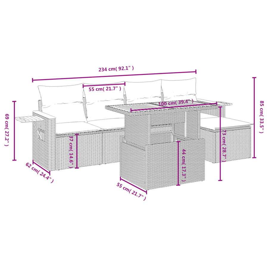 6-delige Loungeset met kussens poly rattan beige