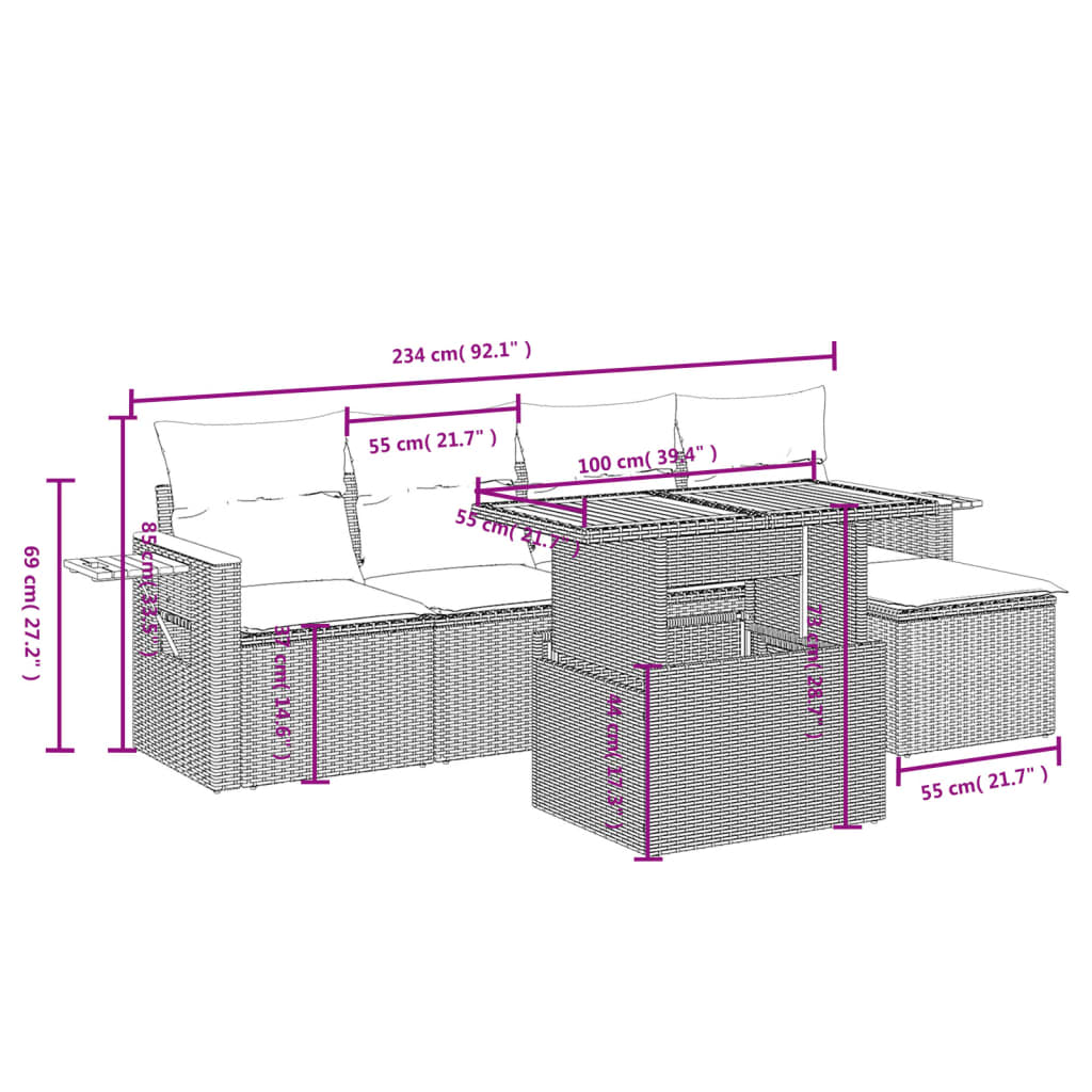 6-delige Loungeset met kussens poly rattan grijs
