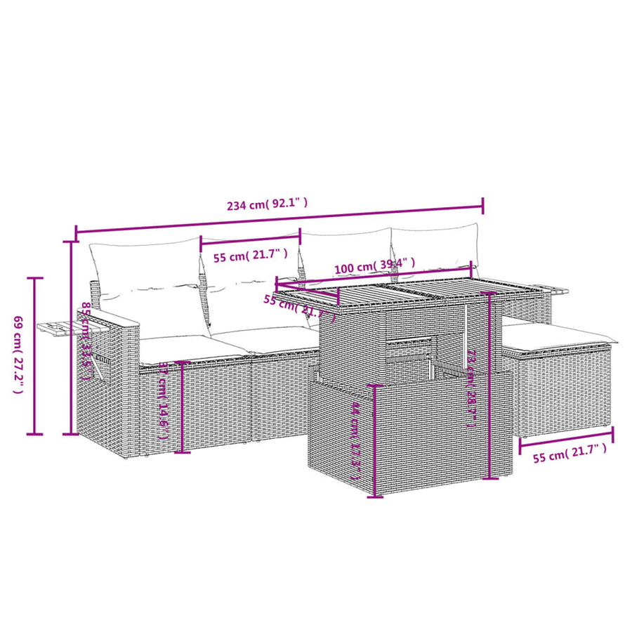 6-delige Loungeset met kussens poly rattan grijs