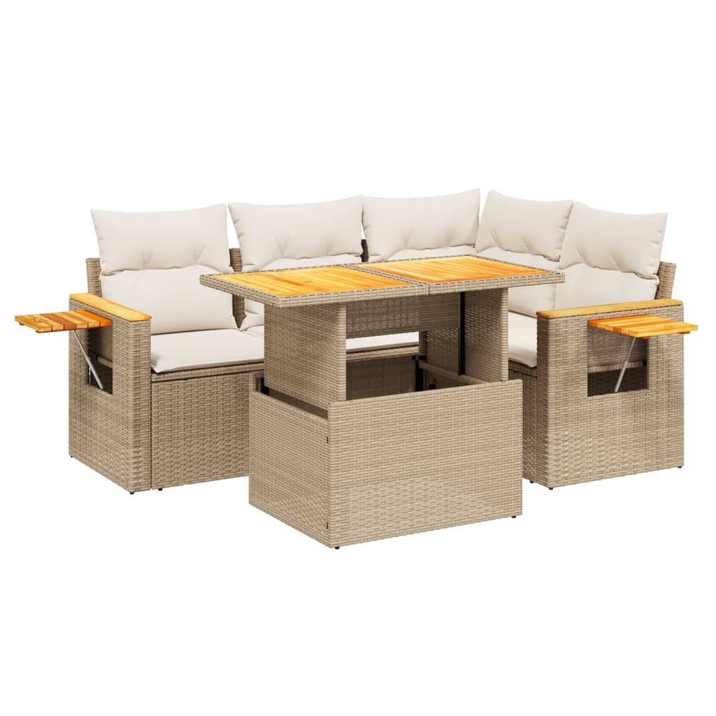5-delige Loungeset met kussens poly rattan beige