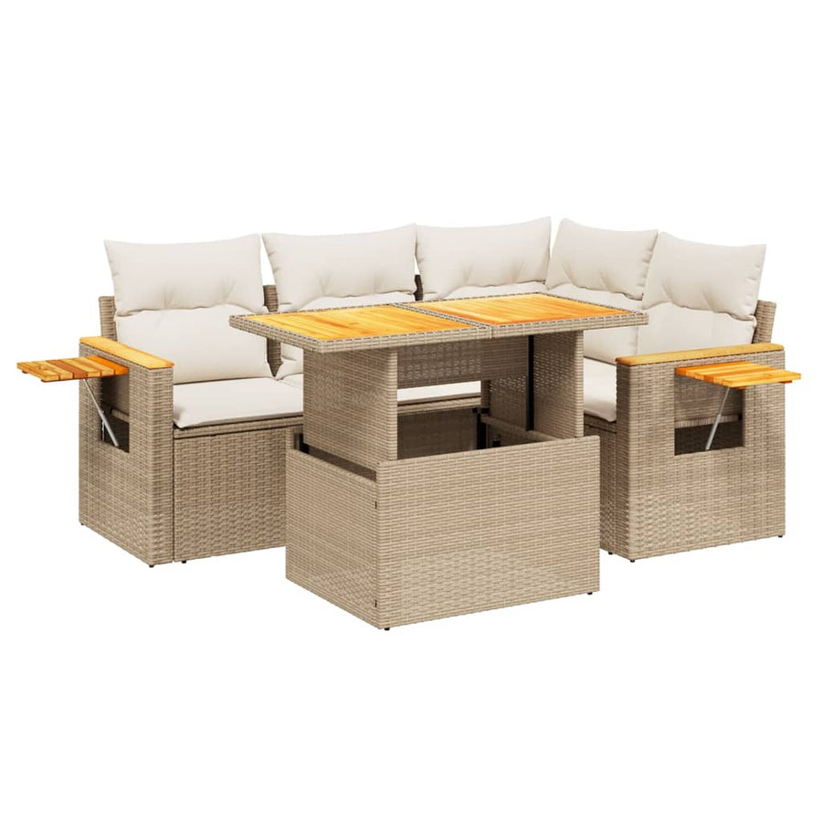 5-delige Loungeset met kussens poly rattan beige