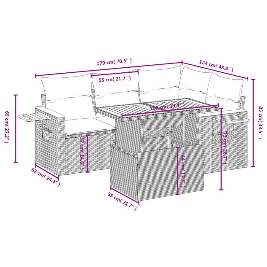 5-delige Loungeset met kussens poly rattan beige