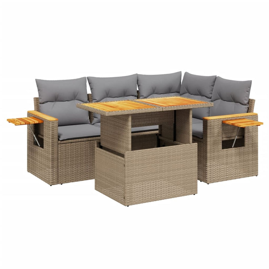 5-delige Loungeset met kussens poly rattan beige