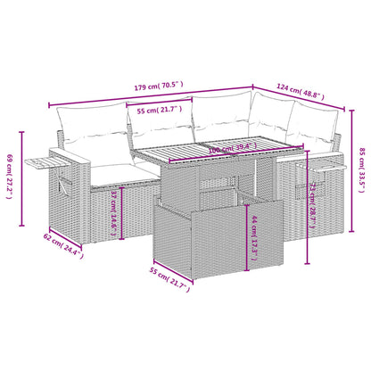 5-delige Loungeset met kussens poly rattan beige