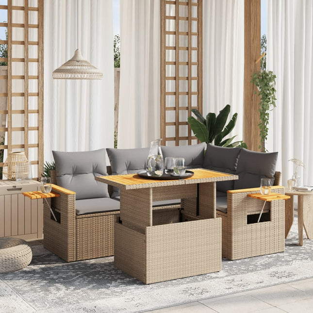 5-delige Loungeset met kussens poly rattan beige