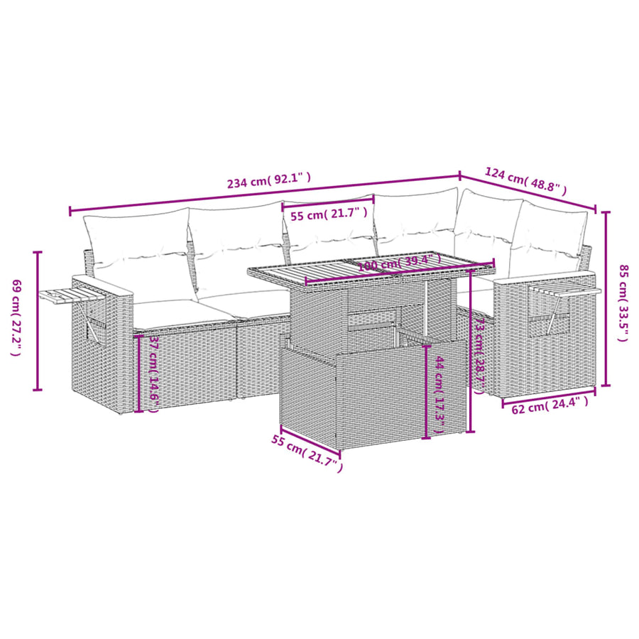 6-delige Loungeset met kussens poly rattan beige