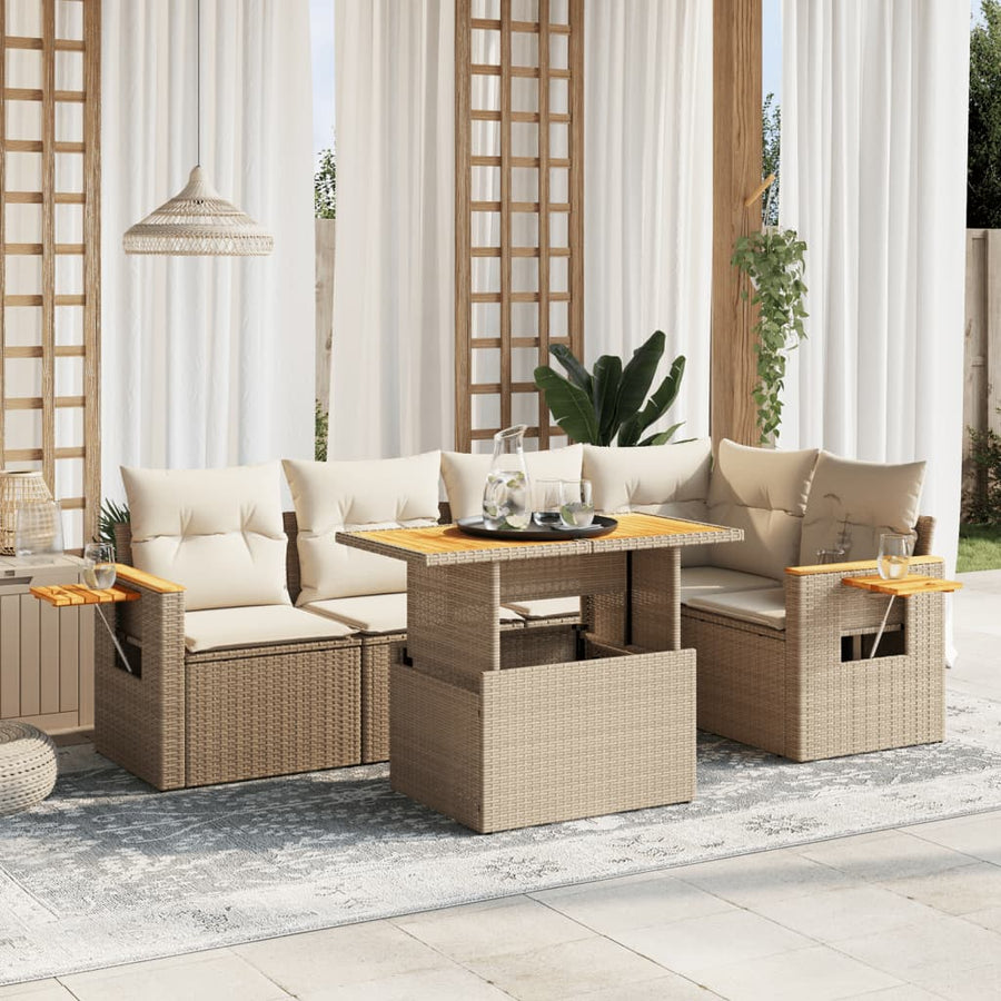 6-delige Loungeset met kussens poly rattan beige