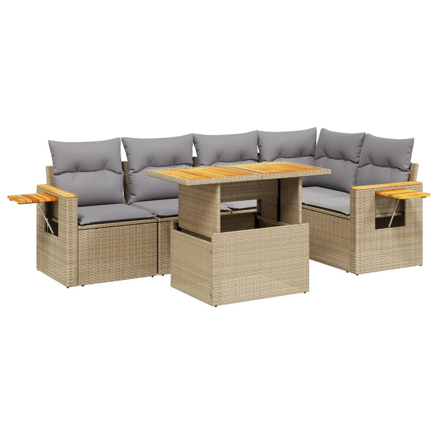 6-delige Loungeset met kussens poly rattan beige