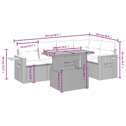 6-delige Loungeset met kussens poly rattan beige