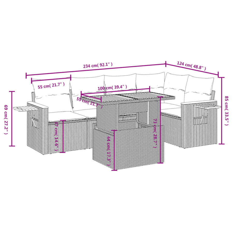 6-delige Loungeset met kussens poly rattan beige