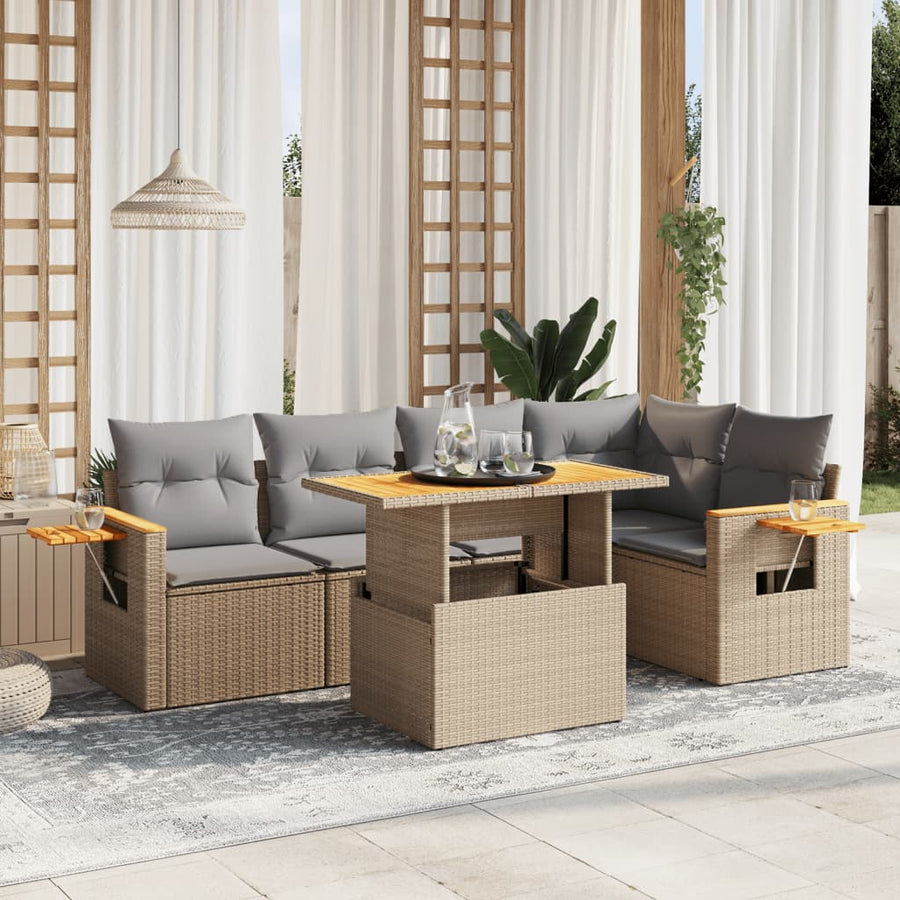 6-delige Loungeset met kussens poly rattan beige