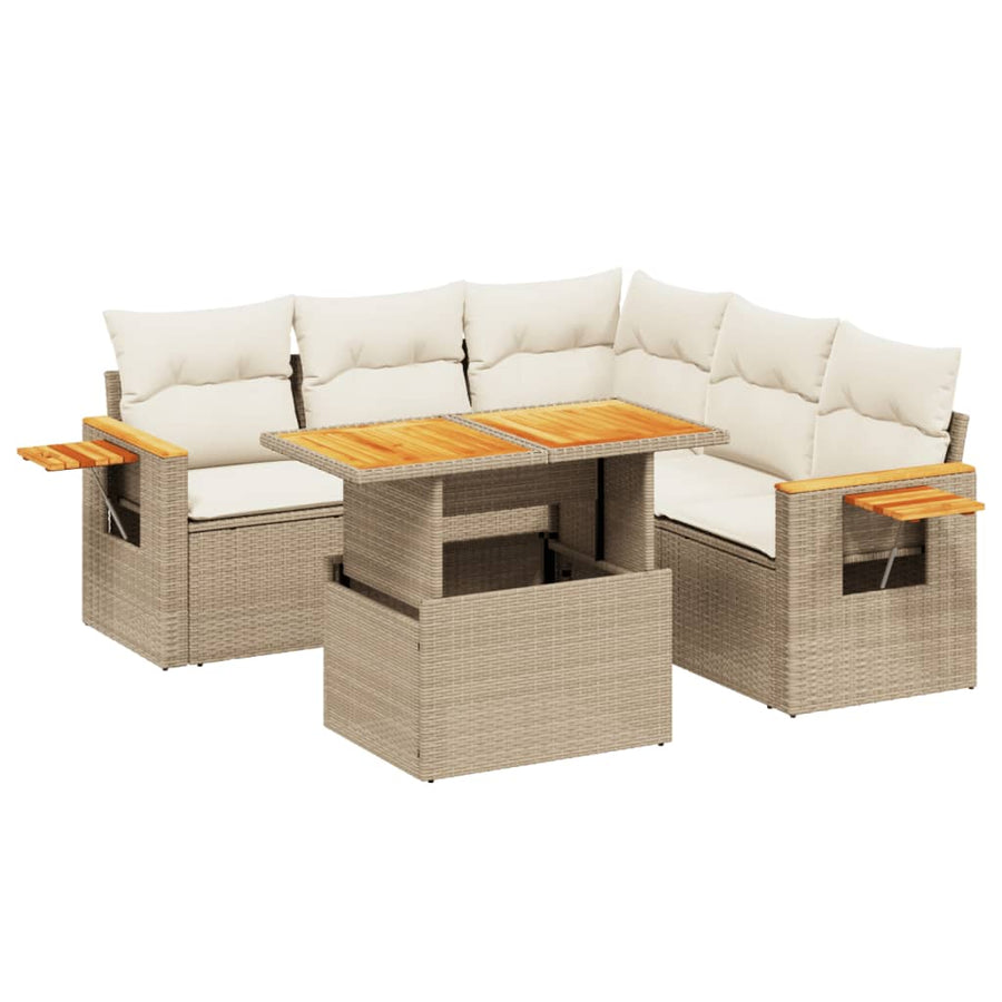 6-delige Loungeset met kussens poly rattan beige