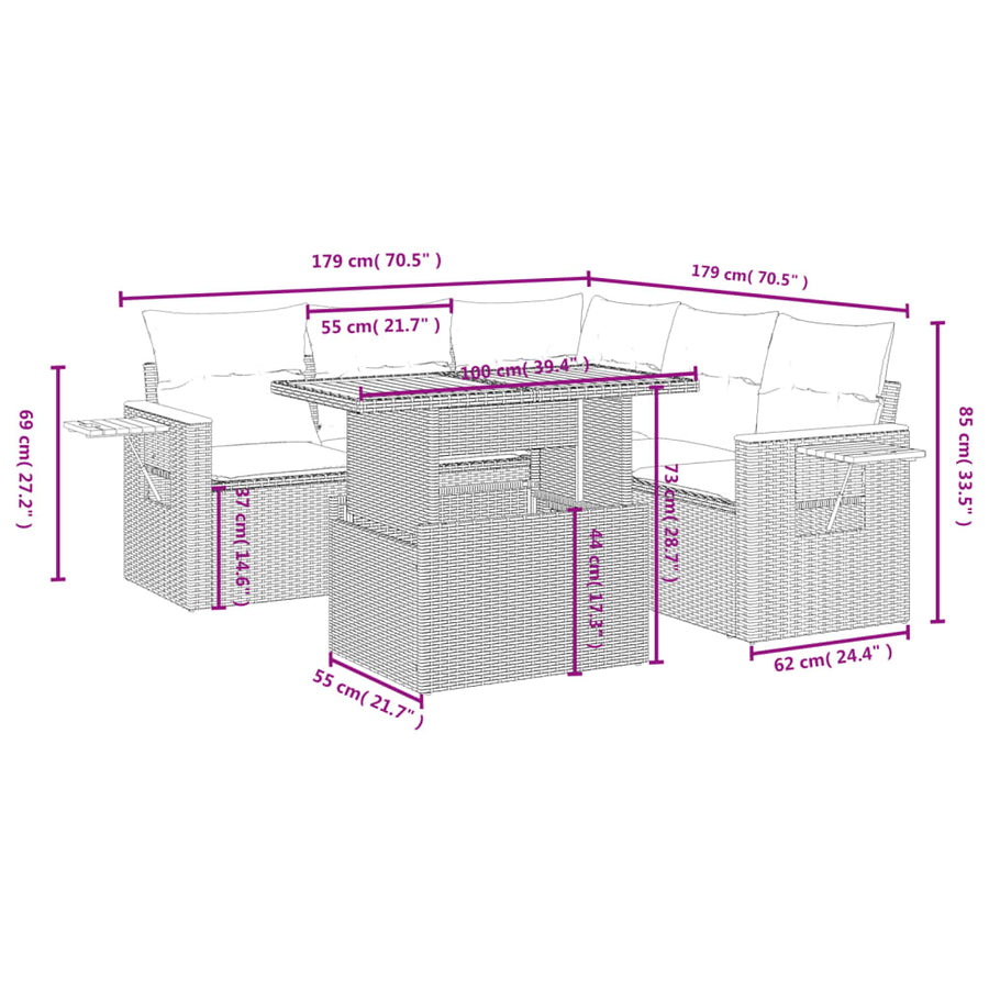 6-delige Loungeset met kussens poly rattan beige