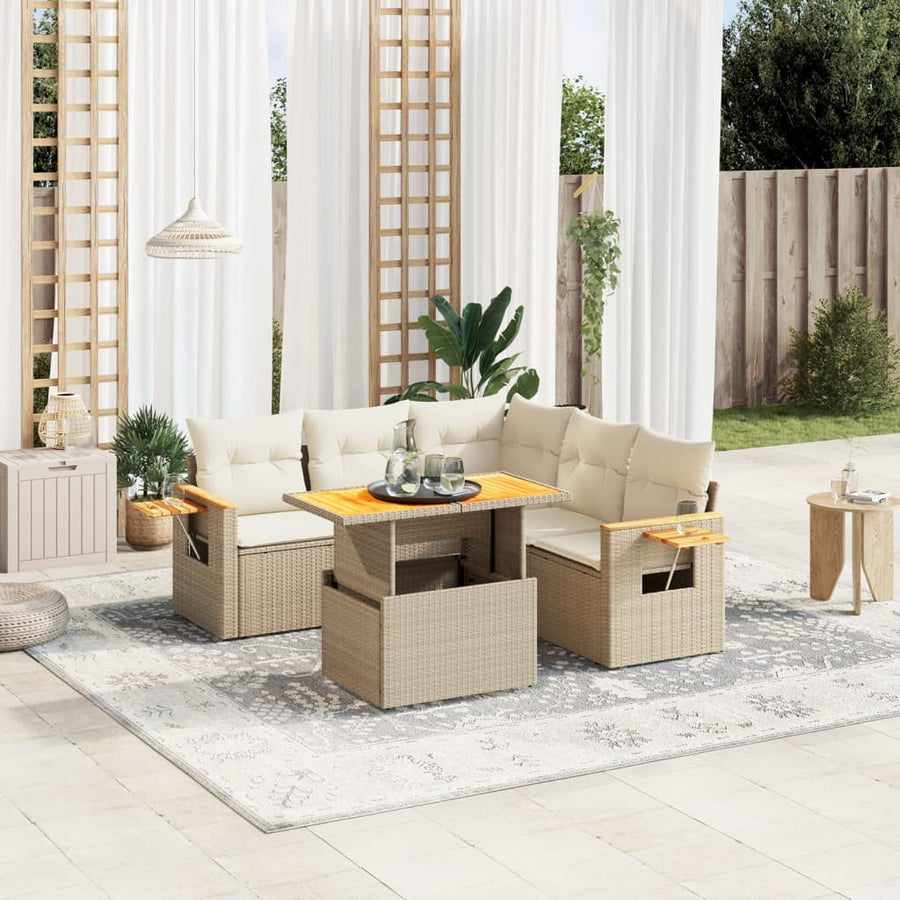 6-delige Loungeset met kussens poly rattan beige