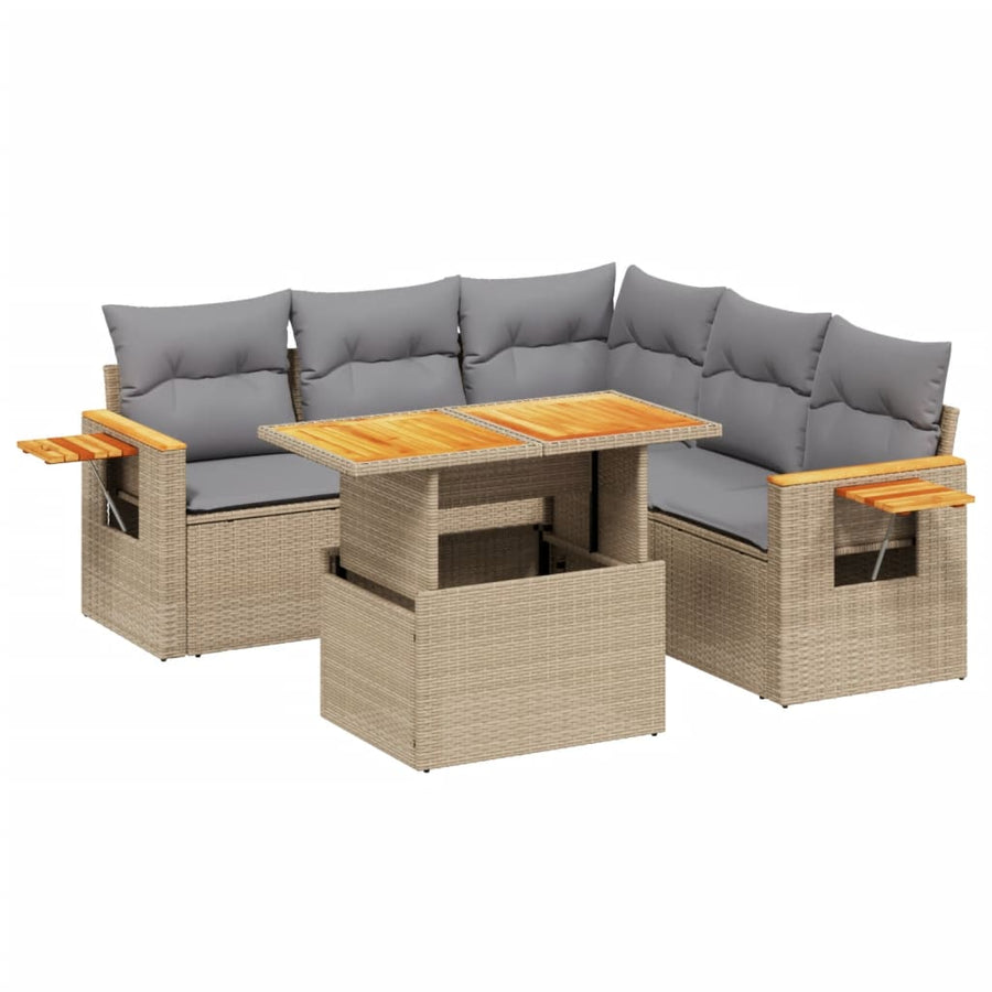 6-delige Loungeset met kussens poly rattan beige