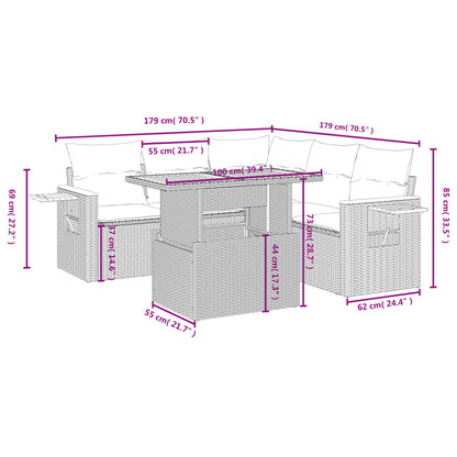 6-delige Loungeset met kussens poly rattan beige
