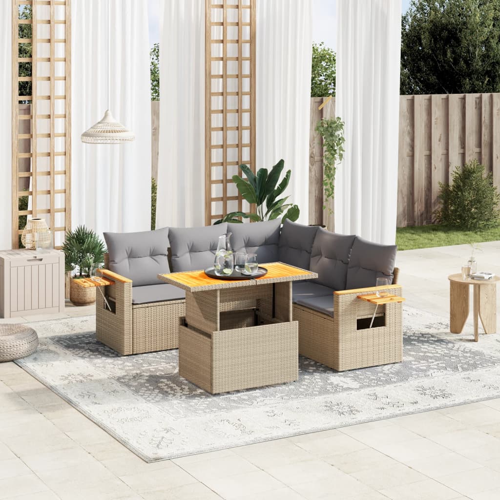 6-delige Loungeset met kussens poly rattan beige