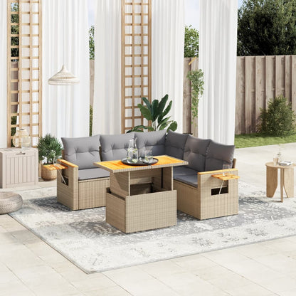 6-delige Loungeset met kussens poly rattan beige