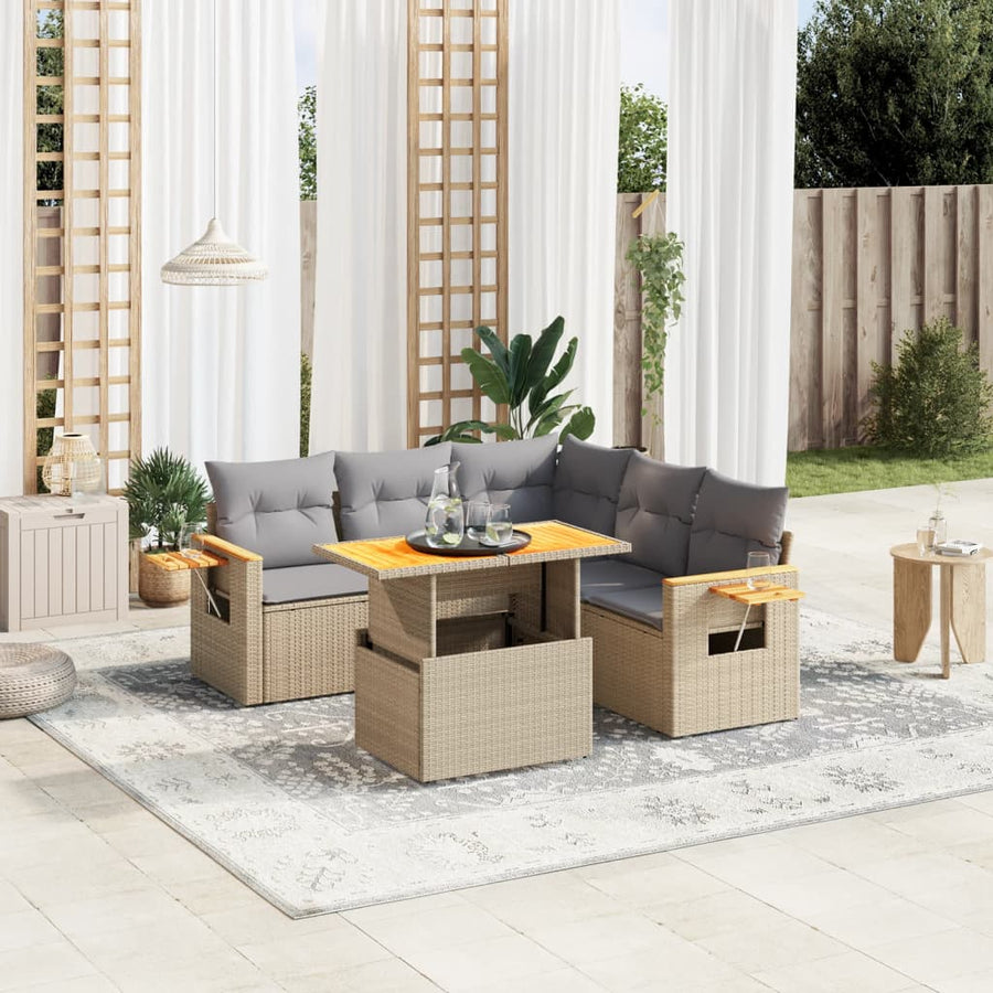6-delige Loungeset met kussens poly rattan beige