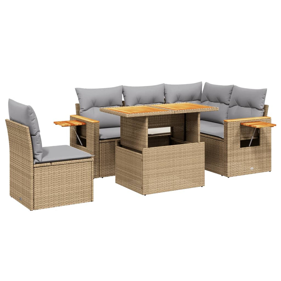6-delige Loungeset met kussens poly rattan beige