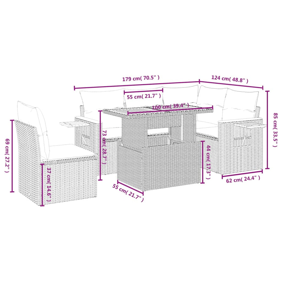 6-delige Loungeset met kussens poly rattan beige