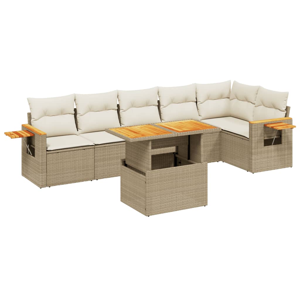 7-delige Loungeset met kussens poly rattan beige