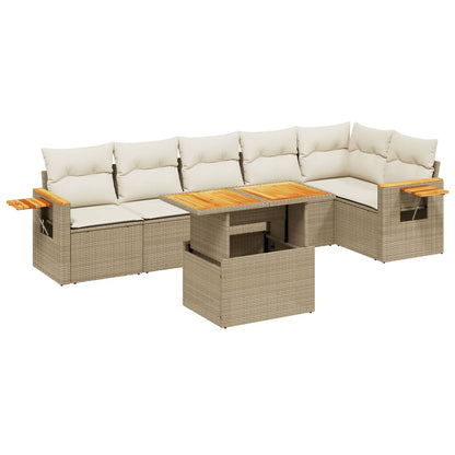 7-delige Loungeset met kussens poly rattan beige