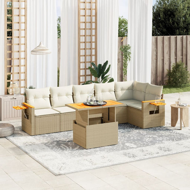 7-delige Loungeset met kussens poly rattan beige